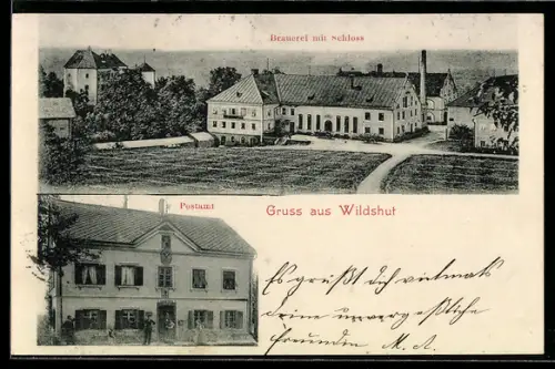 AK St. Pantaleon /O.-Oe., Gruss aus Wildshut, Brauerei mit Schloss, Postamt