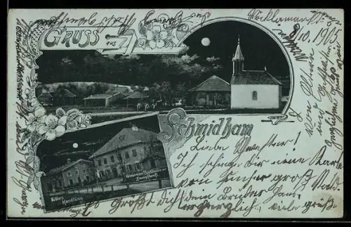 Mondschein-AK Vöcklamarkt, Gruss aus Schmidham, Küblers Handlung, Kobrunners Gasthaus zur Dampfkraft, Kirche