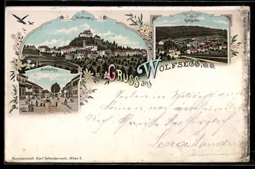 Lithographie Wolfsegg /O. Ö., Kohlgrube, Marktplatz