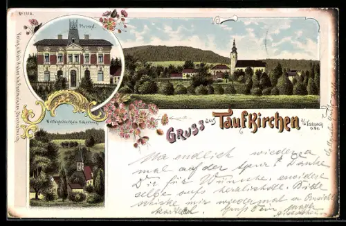 Lithographie Taufkirchen a. d. Trattnang, Pfarrhof, Wallfahrtskirche Höhenberg
