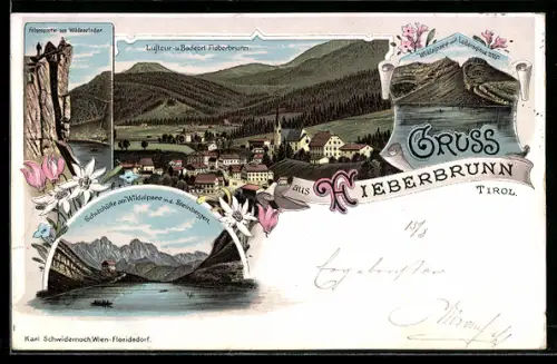 Lithographie Fieberbrunn /Tirol, Schutzhütte am Wildalpsee m. d. Steinbergen, Felsenpartie am Wildseeloder