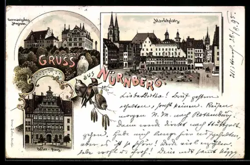 Vorläufer-Lithographie Nürnberg, 1895, Pellerhaus, Germanisches Museum, Marktplatz