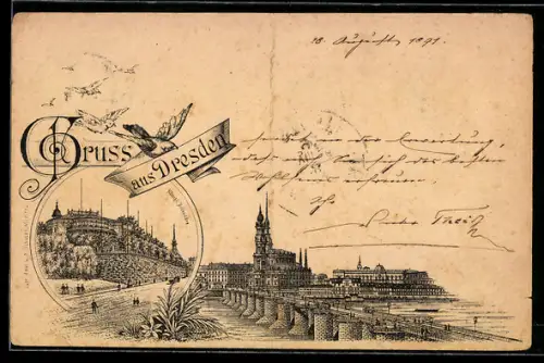 Vorläufer-Lithographie Dresden, 1891, Stadtansicht mit Elbebrücke