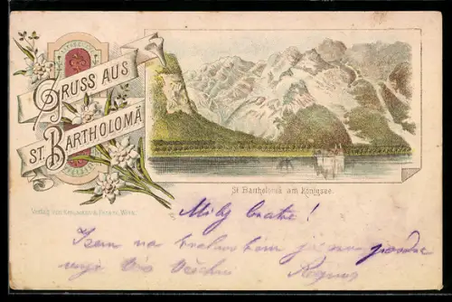 Vorläufer-Lithographie Königsee, 1890, Blick auf die Kapelle St. Bartholomä mit den Bergen