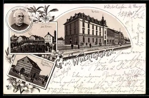 Vorläufer-Lithographie Wörishofen, 1894, Kurhaus, Kur-Salon Haggenmiller, Bad Kreuzer, Portrait Pfarrer Kneipp