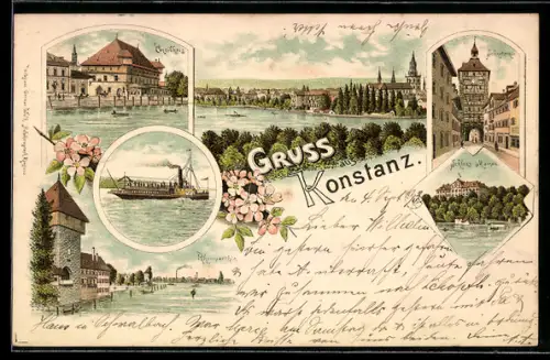 Vorläufer-Lithographie Konstanz, 1893, Konzilhaus, Schloss Mainau, Schnetztor, Rheinpartie, Raddampfer auf dem Bodensee