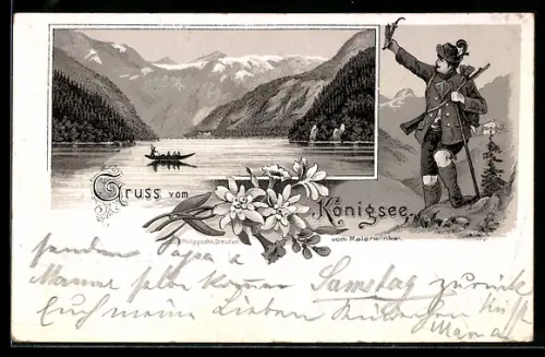 Vorläufer-Lithographie Königsee, Gesamtansicht vom See vom Malerwinkel aus, Förster im Hochgebirge