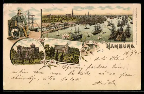 Vorläufer-Lithographie Hamburg-St.Pauli, 1895, Seewarte, Hafen, Seemannshaus