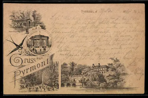 Vorläufer-Lithographie Pyrmont, 1890, Brunnenhalle, Helenenquelle, Hauptallee, Fürstliches Schloss