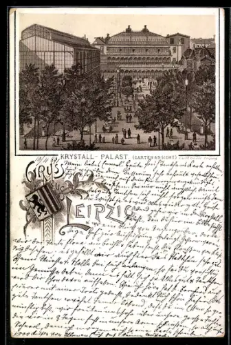 Vorläufer-Lithographie Leipzig, 1891, Kristall-Palast, Gartenansicht