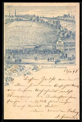 Lithographie Meissen, Gasthaus Müller`s Weinberg, Blick auf den Weinberg