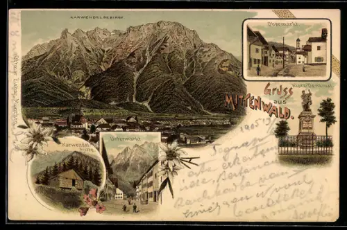 Lithographie Mittenwald, Obermarkt, Klotz-Denkmal, Karwendel-Hütte