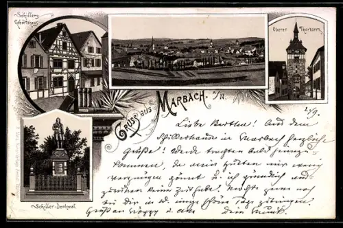 Vorläufer-Lithographie Marbach a. N., 1895, Schillers Geburtshaus, Oberer Thorturm, Schiller-Denkmal