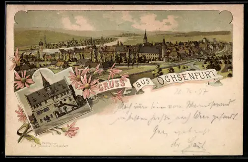 Lithographie Ochsenfurt, Rathaus, Blick über den Ort
