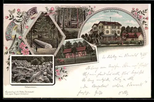 Lithographie Lautertal / Odenwald, Hotel Felsberg, Altarstein, Badehaus