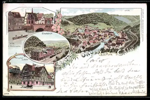 Lithographie Calw, Gasthof zum Adler, Bahnhof, Nicolaikapelle