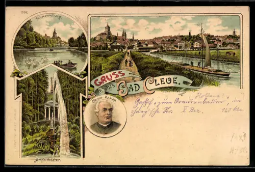 Lithographie Bad Cleve, Schwanenburg, Amphitheater, Pfarrer Kneipp