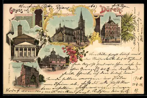 Lithographie Düren, Rathhaus, Protest. Kirche
