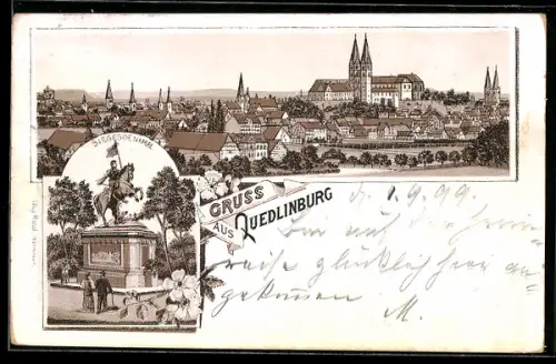 Lithographie Quedlinburg, Siegesdenkmal, Panoramablick auf die Stadt