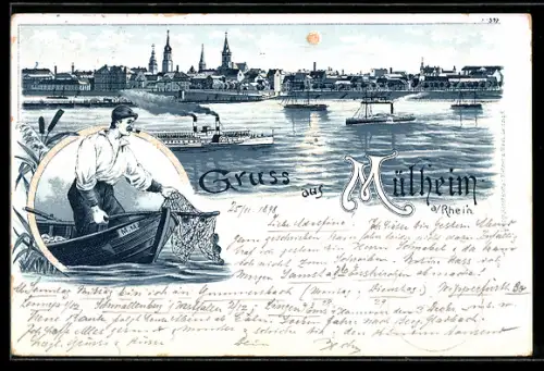 Lithographie Mülheim a. Rhein, Panorama mit Dampfern, Fischer in seinem Boot