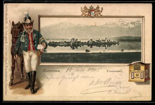 Lithographie Chiemsee, Gesamtansicht der Fraueninsel, Briefträger mit Pferd