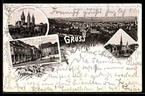Vorläufer-Lithographie Arnstadt, 1893, Markt und Galerie, Liebfrauen-Kirche