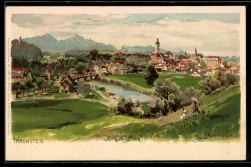 Künstler-AK Edward Theodore Compton: Traunstein, Panorama vom Berg aus