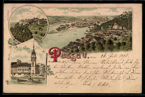 Lithographie Passau, Oberhaus, Rathaus, Panorama