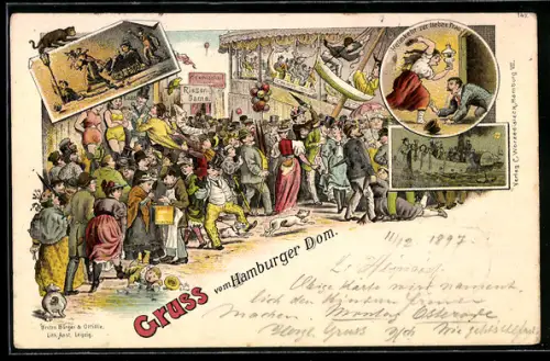Lithographie Hamburg-St.Pauli, Hamburger Dom, Volksfest, Achterbahn, Schaukel und betrunkene Heimkehr zur Gattin