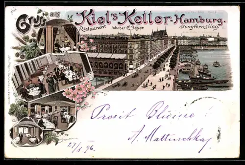 Lithographie Hamburg-Neustadt, Restaurant Kiel`s Keller v. E. Beyer, Boxes, Grosser Saal, Vorsaal, Boote