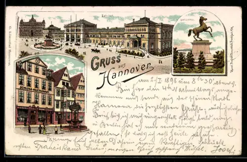 Lithographie Hannover, Sachsenross, Bahnhof und Schloss-Restaurant mit Brunnen