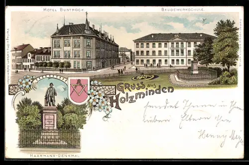 Lithographie Holzminden, Hotel Buntrock & Baugewerkschule, Haarmann-Denkmal