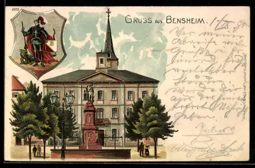 Lithographie Bensheim, Partie vor dem Rathaus mit Brunnen und Wappen mit Drachentöter