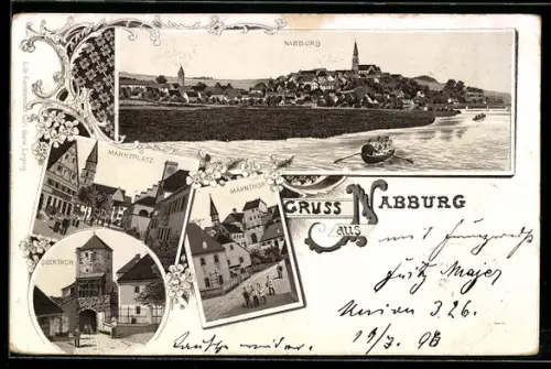 Lithographie Nabburg, Marktplatz, Mähntor, Obertor