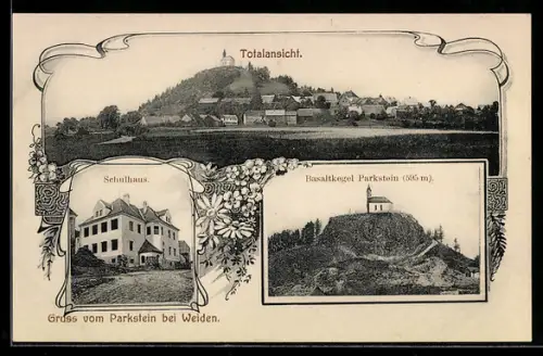 AK Parkstein bei Weiden, Totalansicht, Basaltkegel und Schulhaus