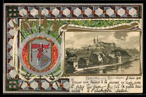 Passepartout-Lithographie Bamberg, Teilansicht, Stadtwappen, gekreuzte Lanzen, Ornamente