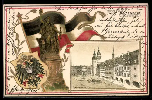 Passepartout-Lithographie Chemnitz, Partie am Hauptmarkt mit Geschäft H. Schmidts, Wappen
