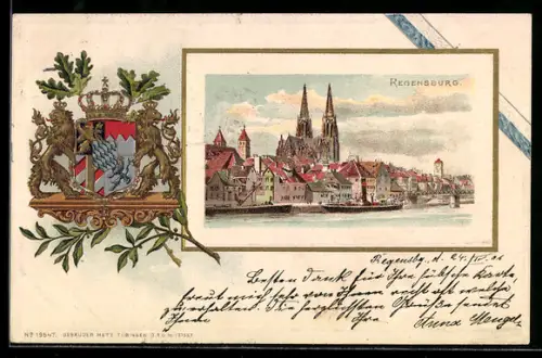 Passepartout-Lithographie Regensburg, Partie am Ufer und Wappen