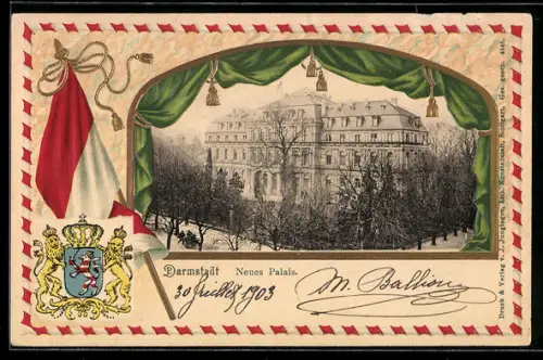 Passepartout-Lithographie Darmstadt, Neues Palais mit Grünanlagen, Wappen