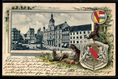 Passepartout-Lithographie Pforzheim, Marktplatz, Jagdhund mit erlegtem Hasen und Vogel, Wappen