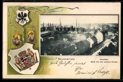 Passepartout-Lithographie Neunkirchen, Blick von der unteren Kirche auf die Hochöfen, Wappen