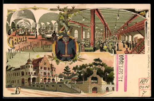 Lithographie München-Haidhausen, Gasthof Münchner Kindl-Keller, Innen-und Aussenansichten