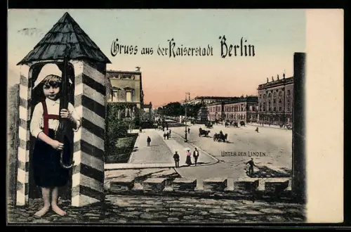 AK Berlin, Unter den Linden mit Kind mit Regenschirm und Kutschen