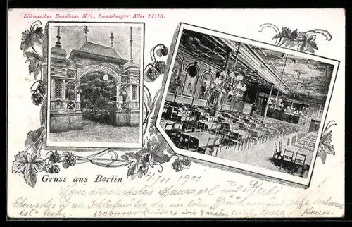 AK Berlin-Friedrichshain, Böhmisches Brauhaus in der Landsberger Allee 11/13, Innen- und Aussenansicht