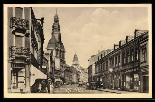 AK Völklingen, Wilhelmstrasse mit Kath. Kirche, Automobil