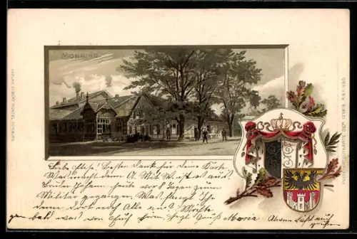 Passepartout-Lithographie Duisburg-Speldorf, Gasthaus Monning, Wappen