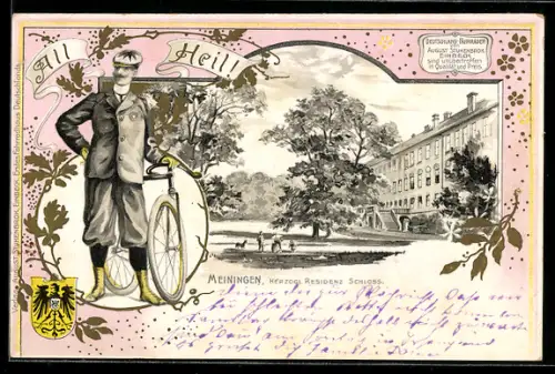 Lithographie Meiningen, Herzogl. Residenz Schloss und Mann mit Fahrrad, Reklame August Stukenbrok Räder
