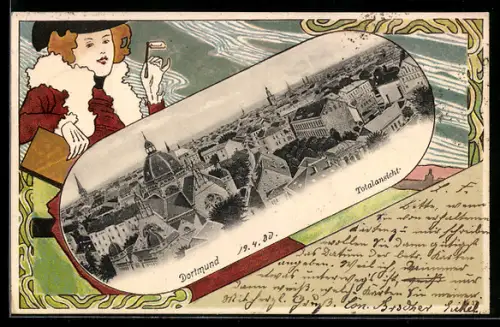 Lithographie Dortmund, Gesamtansicht mit der Synagoge im Jugendstil-Passepartout