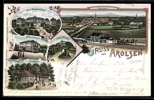 Lithographie Arolsen, Fürstl. Residenzschloss, Schloss Waldeck, Fischhaus, Eisenbahn