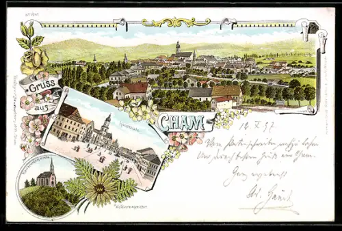 Lithographie Cham, Hauptplatz, Kalvarienberg Kirche, Gesamtansicht des Ortes
